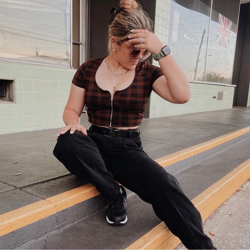 Crop top, brown plaid with working zipper